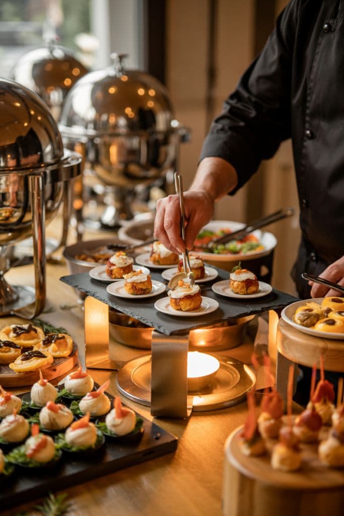 Chef plating a luxury catering spread